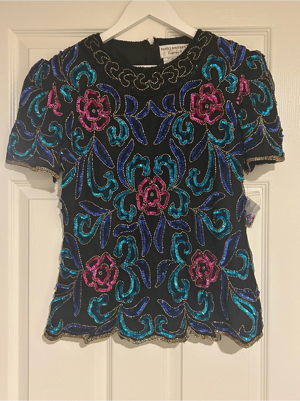 Papell Boutique Black Short Sleeve Beaded Floral Top with Pink & Teal Accents